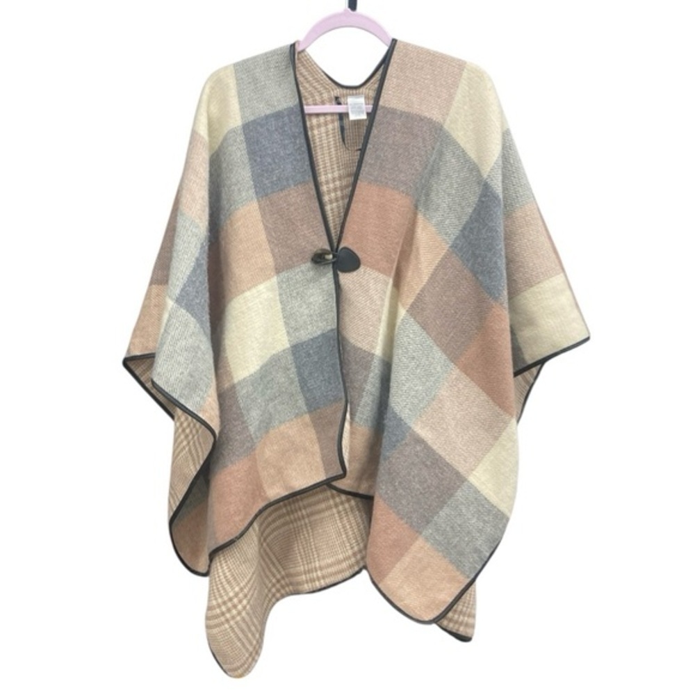 Plaid Poncho with Button Closure